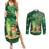 Personalised Hawaii St.Patrick Day Couples Matching Summer Maxi Dress and Long Sleeve Button Shirt Surfing Leprechaun LT05 Green - Polynesian Pride