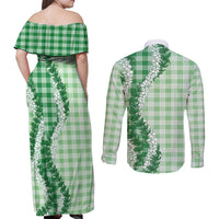 Green Hawaii Palaka Couples Matching Off Shoulder Maxi Dress and Long Sleeve Button Shirt Hawaiian Honohono Lei