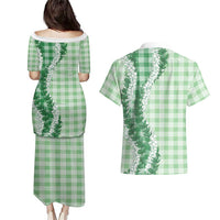 Green Hawaii Palaka Couples Matching Puletasi and Hawaiian Shirt Hawaiian Honohono Lei
