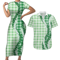 Green Hawaii Palaka Couples Matching Short Sleeve Bodycon Dress and Hawaiian Shirt Hawaiian Honohono Lei