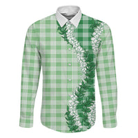 Green Hawaii Palaka Family Matching Long Sleeve Bodycon Dress and Hawaiian Shirt Hawaiian Honohono Lei