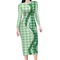 Green Hawaii Palaka Family Matching Long Sleeve Bodycon Dress and Hawaiian Shirt Hawaiian Honohono Lei