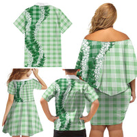 Green Hawaii Palaka Family Matching Off Shoulder Short Dress and Hawaiian Shirt Hawaiian Honohono Lei