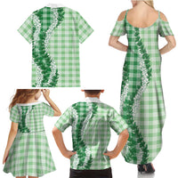 Green Hawaii Palaka Family Matching Summer Maxi Dress and Hawaiian Shirt Hawaiian Honohono Lei