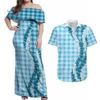 Blue Hawaii Palaka Couples Matching Off Shoulder Maxi Dress and Hawaiian Shirt Hawaiian Honohono Lei