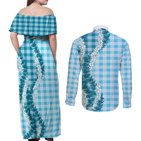 Blue Hawaii Palaka Couples Matching Off Shoulder Maxi Dress and Long Sleeve Button Shirt Hawaiian Honohono Lei