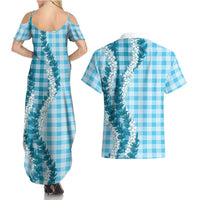 Blue Hawaii Palaka Couples Matching Summer Maxi Dress and Hawaiian Shirt Hawaiian Honohono Lei