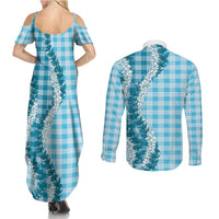 Blue Hawaii Palaka Couples Matching Summer Maxi Dress and Long Sleeve Button Shirt Hawaiian Honohono Lei