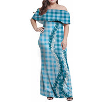 Blue Hawaii Palaka Family Matching Off Shoulder Maxi Dress and Hawaiian Shirt Hawaiian Honohono Lei