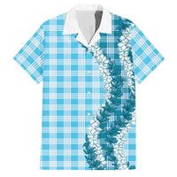 Blue Hawaii Palaka Family Matching Off Shoulder Short Dress and Hawaiian Shirt Hawaiian Honohono Lei