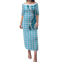 Blue Hawaii Palaka Family Matching Puletasi and Hawaiian Shirt Hawaiian Honohono Lei