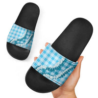 Blue Hawaii Palaka Slide Sandals Hawaiian Honohono Lei