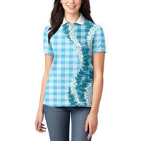 Blue Hawaii Palaka Women Polo Shirt Hawaiian Honohono Lei