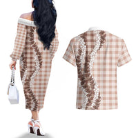 Beige Hawaii Palaka Couples Matching Off The Shoulder Long Sleeve Dress and Hawaiian Shirt Hawaiian Honohono Lei