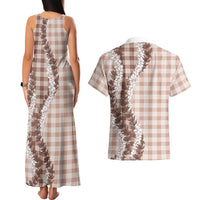 Beige Hawaii Palaka Couples Matching Tank Maxi Dress and Hawaiian Shirt Hawaiian Honohono Lei
