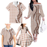 Beige Hawaii Palaka Family Matching Off The Shoulder Long Sleeve Dress and Hawaiian Shirt Hawaiian Honohono Lei