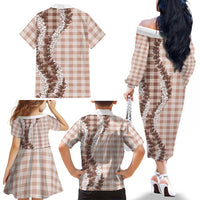 Beige Hawaii Palaka Family Matching Off The Shoulder Long Sleeve Dress and Hawaiian Shirt Hawaiian Honohono Lei