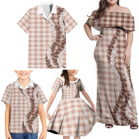 Beige Hawaii Palaka Family Matching Off Shoulder Maxi Dress and Hawaiian Shirt Hawaiian Honohono Lei