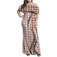 Beige Hawaii Palaka Family Matching Off Shoulder Maxi Dress and Hawaiian Shirt Hawaiian Honohono Lei