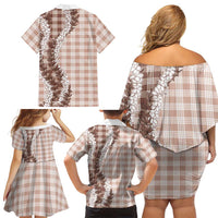 Beige Hawaii Palaka Family Matching Off Shoulder Short Dress and Hawaiian Shirt Hawaiian Honohono Lei