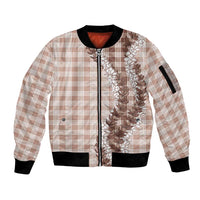 Beige Hawaii Palaka Sleeve Zip Bomber Jacket Hawaiian Honohono Lei