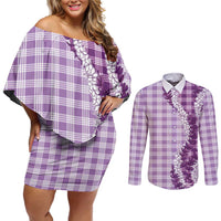 Violet Hawaii Palaka Couples Matching Off Shoulder Short Dress and Long Sleeve Button Shirt Hawaiian Honohono Lei