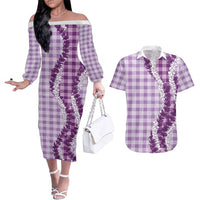 Violet Hawaii Palaka Couples Matching Off The Shoulder Long Sleeve Dress and Hawaiian Shirt Hawaiian Honohono Lei