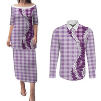Violet Hawaii Palaka Couples Matching Puletasi and Long Sleeve Button Shirt Hawaiian Honohono Lei