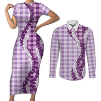 Violet Hawaii Palaka Couples Matching Short Sleeve Bodycon Dress and Long Sleeve Button Shirt Hawaiian Honohono Lei