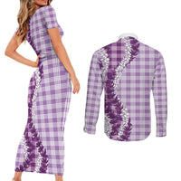 Violet Hawaii Palaka Couples Matching Short Sleeve Bodycon Dress and Long Sleeve Button Shirt Hawaiian Honohono Lei