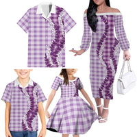 Violet Hawaii Palaka Family Matching Off The Shoulder Long Sleeve Dress and Hawaiian Shirt Hawaiian Honohono Lei