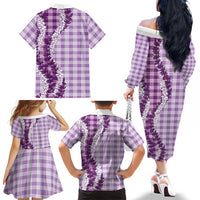Violet Hawaii Palaka Family Matching Off The Shoulder Long Sleeve Dress and Hawaiian Shirt Hawaiian Honohono Lei
