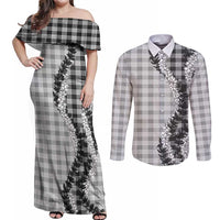 Gray Hawaii Palaka Couples Matching Off Shoulder Maxi Dress and Long Sleeve Button Shirt Hawaiian Honohono Lei