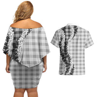Gray Hawaii Palaka Couples Matching Off Shoulder Short Dress and Hawaiian Shirt Hawaiian Honohono Lei
