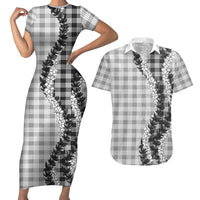 Gray Hawaii Palaka Couples Matching Short Sleeve Bodycon Dress and Hawaiian Shirt Hawaiian Honohono Lei