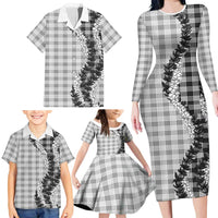 Gray Hawaii Palaka Family Matching Long Sleeve Bodycon Dress and Hawaiian Shirt Hawaiian Honohono Lei