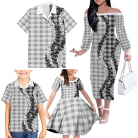Gray Hawaii Palaka Family Matching Off The Shoulder Long Sleeve Dress and Hawaiian Shirt Hawaiian Honohono Lei
