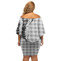 Gray Hawaii Palaka Family Matching Off Shoulder Short Dress and Hawaiian Shirt Hawaiian Honohono Lei