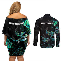 New Zealand Marathon Couples Matching Off Shoulder Short Dress and Long Sleeve Button Shirt Silver Fern Paua Shell Simple Style