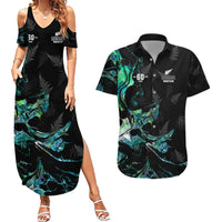 New Zealand Marathon Couples Matching Summer Maxi Dress and Hawaiian Shirt Silver Fern Paua Shell Simple Style LT05 Black - Polynesian Pride