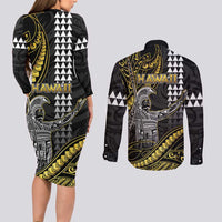 Hawaii King Kamehameha The Great Couples Matching Long Sleeve Bodycon Dress and Long Sleeve Button Shirt Gold Tribal Tattoo
