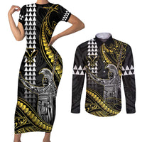 Hawaii King Kamehameha The Great Couples Matching Short Sleeve Bodycon Dress and Long Sleeve Button Shirt Gold Tribal Tattoo