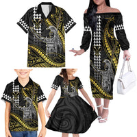 Hawaii King Kamehameha The Great Family Matching Off The Shoulder Long Sleeve Dress and Hawaiian Shirt Gold Tribal Tattoo