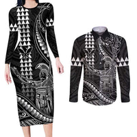Hawaii King Kamehameha The Great Couples Matching Long Sleeve Bodycon Dress and Long Sleeve Button Shirt Black Tribal Tattoo