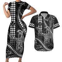 Hawaii King Kamehameha The Great Couples Matching Short Sleeve Bodycon Dress and Hawaiian Shirt Black Tribal Tattoo