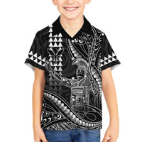Hawaii King Kamehameha The Great Family Matching Off The Shoulder Long Sleeve Dress and Hawaiian Shirt Black Tribal Tattoo