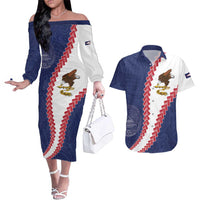 American Samoa Eagle Couples Matching Off The Shoulder Long Sleeve Dress and Hawaiian Shirt Polynesian Tribal Pattern Curve Style LT05 Blue - Polynesian Pride