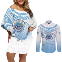 Micronesia Constitution Day Couples Matching Off Shoulder Short Dress and Long Sleeve Button Shirt Polynesian Tribal Tattoo Simple Style LT05 Blue - Polynesian Pride