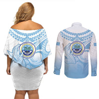 Micronesia Constitution Day Couples Matching Off Shoulder Short Dress and Long Sleeve Button Shirt Polynesian Tribal Tattoo Simple Style LT05 - Polynesian Pride