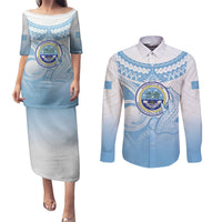 Micronesia Constitution Day Couples Matching Puletasi and Long Sleeve Button Shirt Polynesian Tribal Tattoo Simple Style LT05 Blue - Polynesian Pride